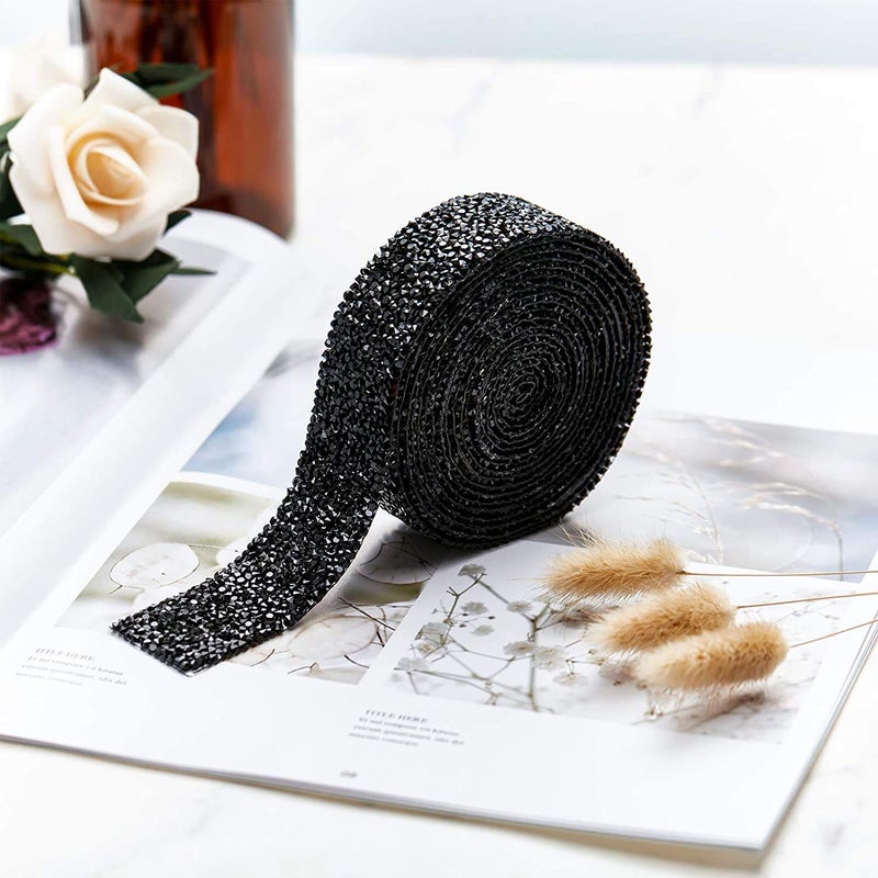 Dowarm Rhinestone Ribbon Roll, Hotfix Rhinestone Wrap, Bling Mesh Wrap, Sewing Trim for Wedding Party Decoration (Black, 3CM / 1.18inch Width) - Image 3
